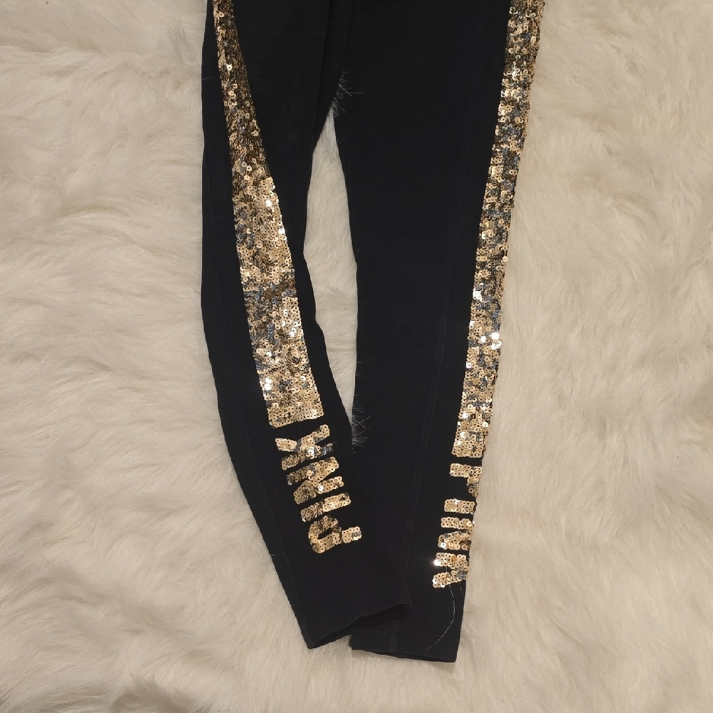 PINK Victoria's Secret Black Leggings with Gold Sequin Side Stripes